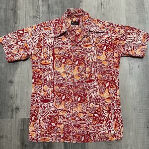 VTG 1960s PENANG Batik Factory Hawaiian Shirt Red Abstract Pocket Shirt Mens S